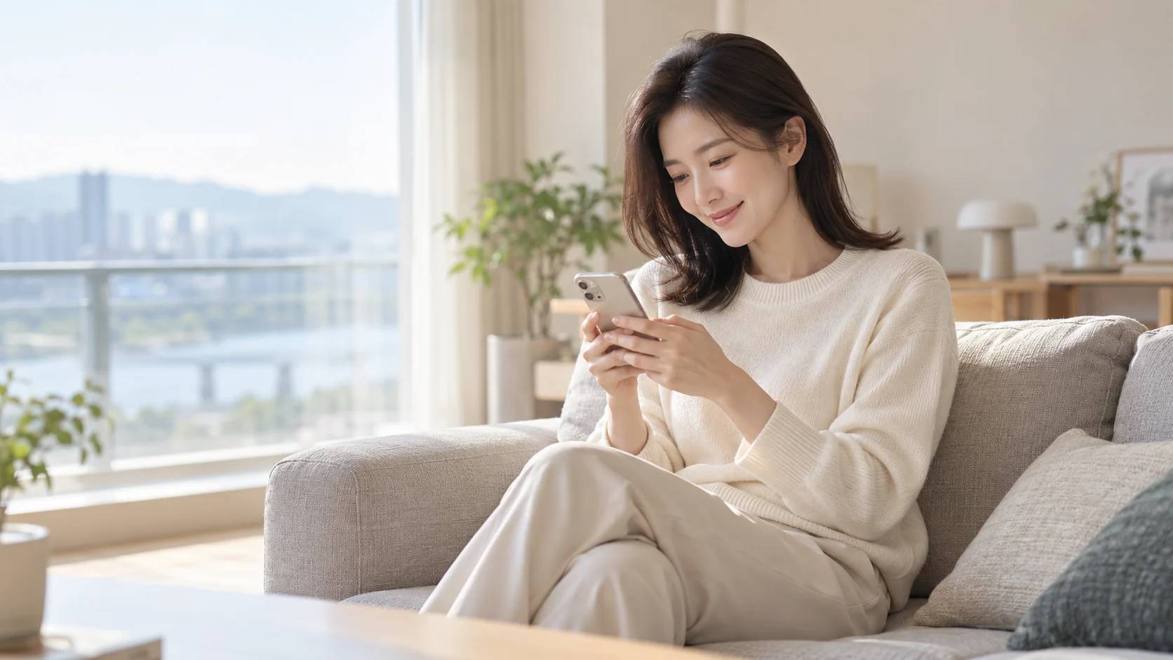집에서 휴대폰으로 홈페이지를 확인하는 사장님